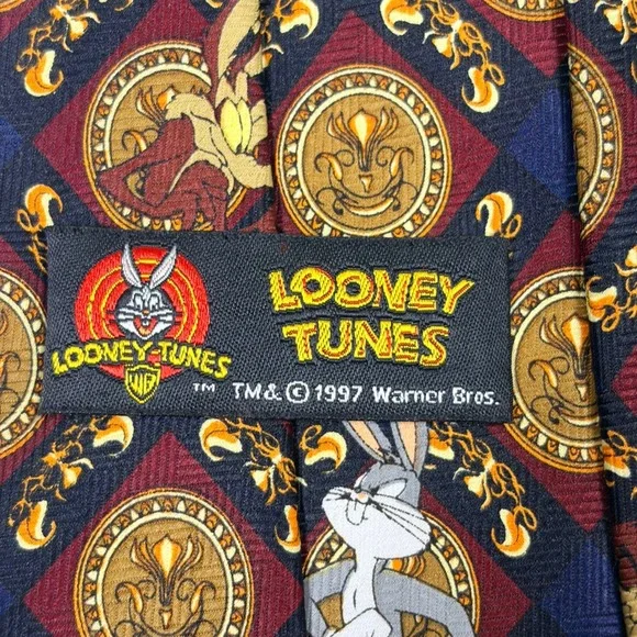 Looney Tunes Necktie Mens Navy Burgundy Vintage 1997 Excellent Medallion Print - Picture 6 of 12